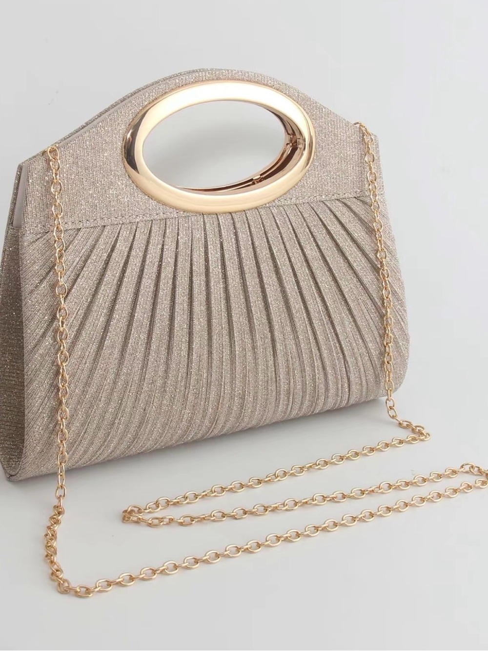 Gold Pleated Evening Clutch with Oval Handle